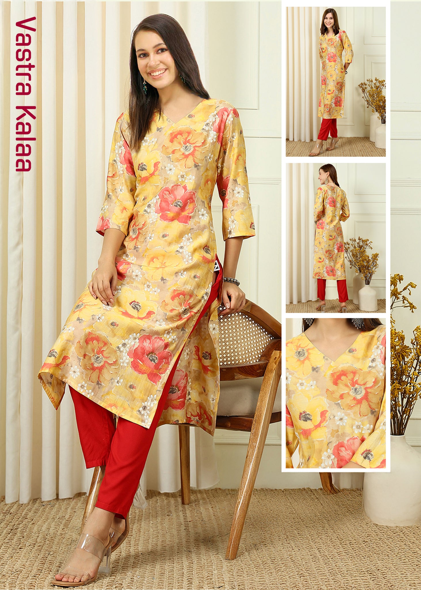 Viscose Chanderi Yellow Color Floral Printed Regular Round Neck kurta