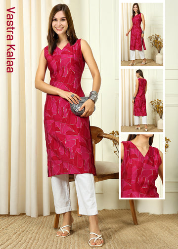 Viscose Chanderi Red Color Floral Printed Regular V - Neck Kurta