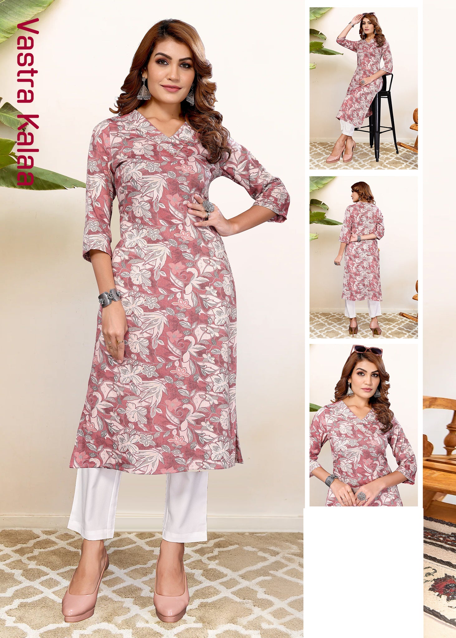 Chanderi Pink Color White Floral Printed Regular V- Neck Kurta