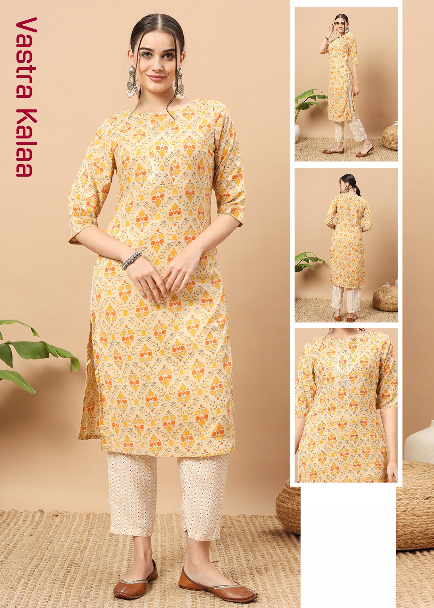 Rayon Cream Color With Yellow & Orange Floral Print Regular Round Neck Kurta