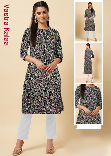 Delta Black With White Floral Printed Regular Round Neck Kurta