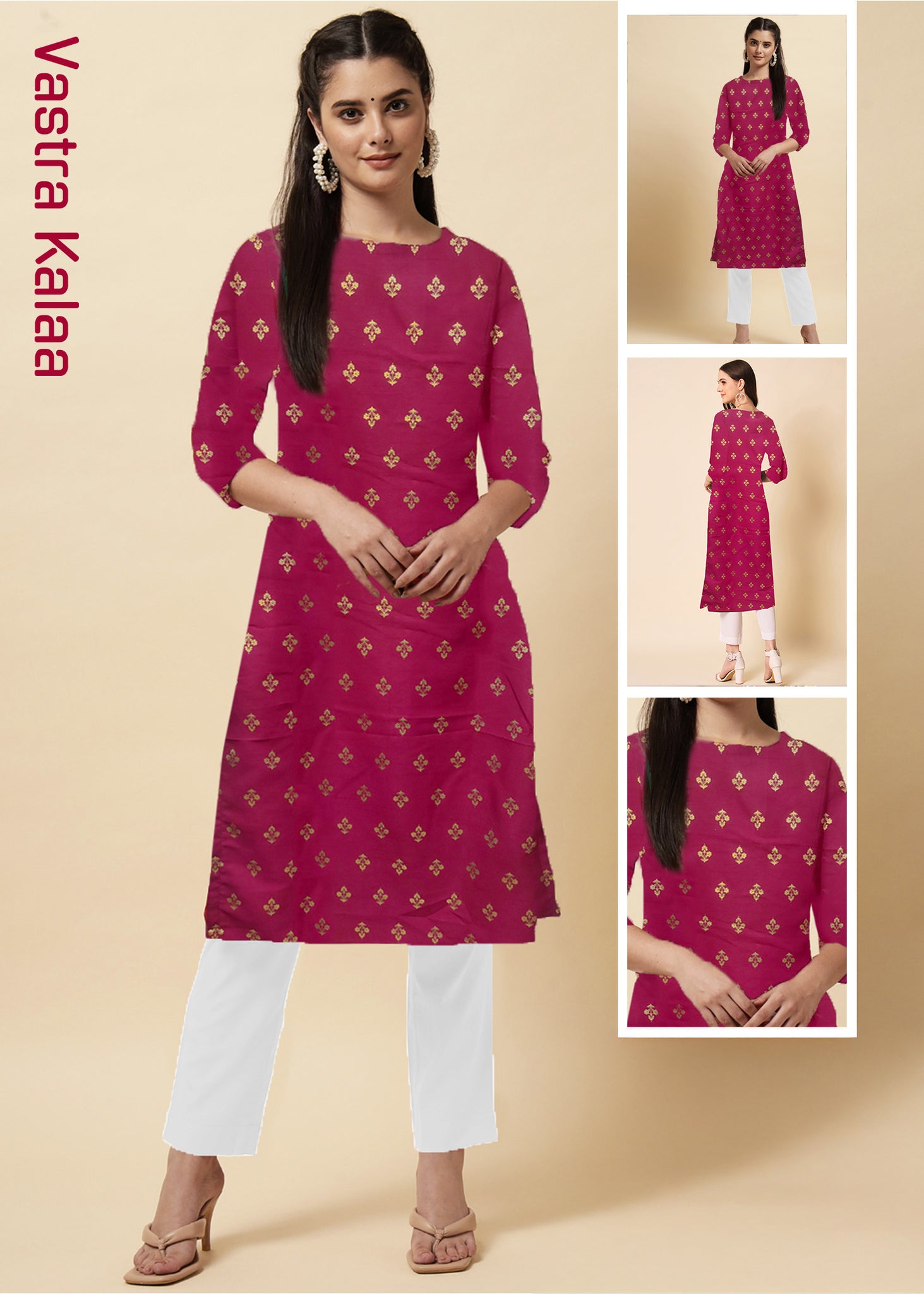 Crepe Silk Pink Floral Printed Round Neck Kurti