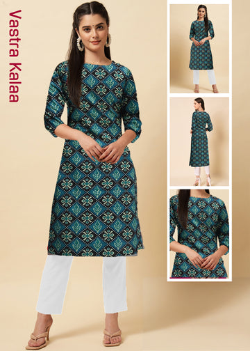 Rayon Blue Floral Printed Regular Round Neck Kurta