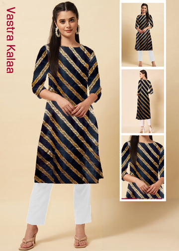 Crepe Navy Blue Printed Regular Round Neck Kurti