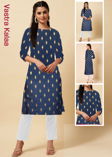 Crepe Silk Royal Blue Printed Regular Round Neck Kurta