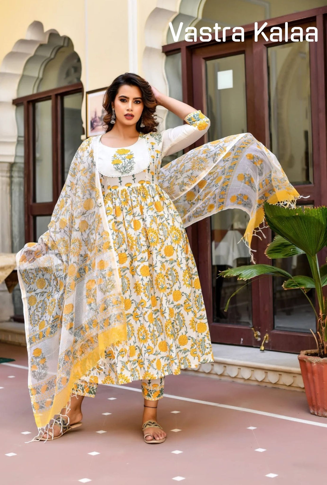 Poly Rayon White Color With Yellow Floral Printed Regular Round Neck Kurta