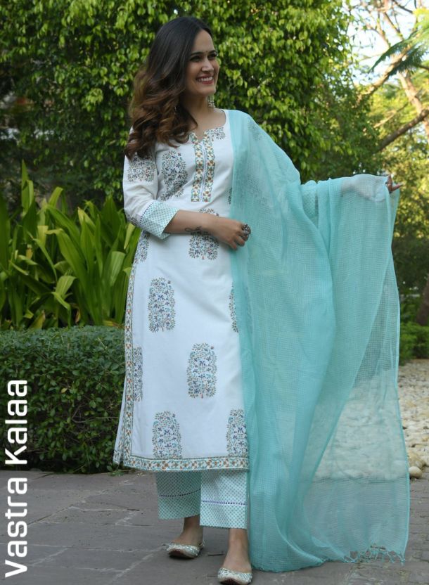 Poly Rayon White Color Floral Printed  With Sky Blue Dupatta Regular Round Neck Kurta Set