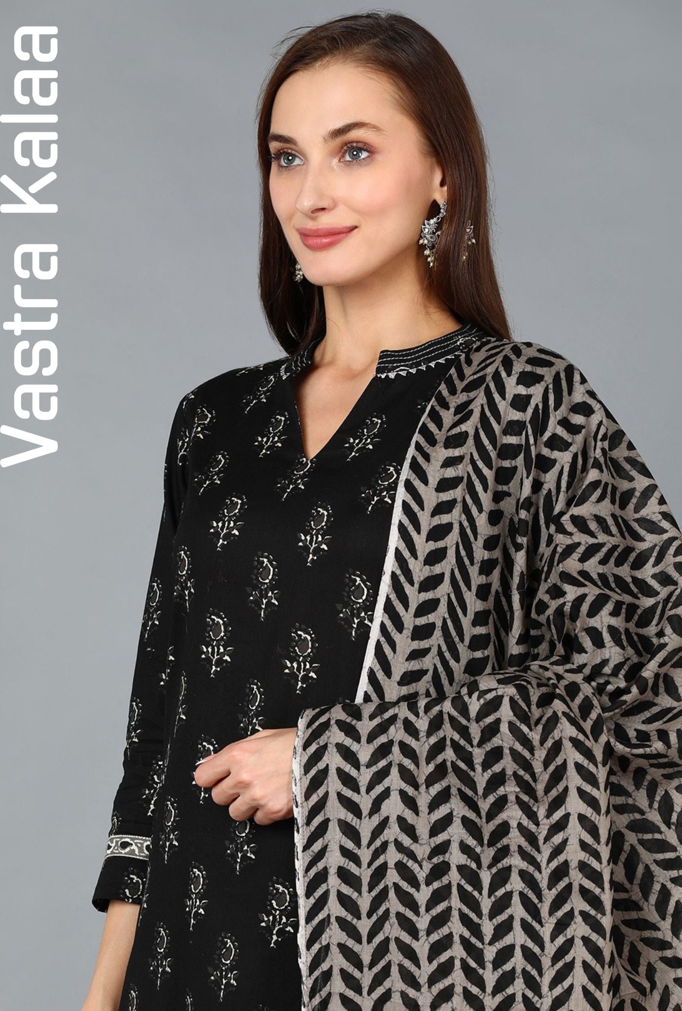 Poly Rayon Black With White Pattern Regular V-Neck Kurta Set