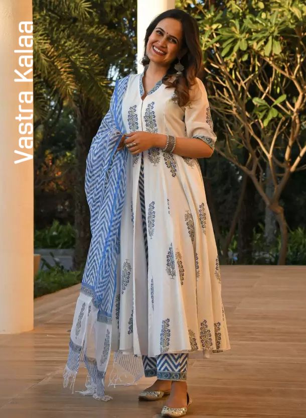 Poly Rayon White Color with Blue Floral Printed Dupatta Stylished Neck Kurta