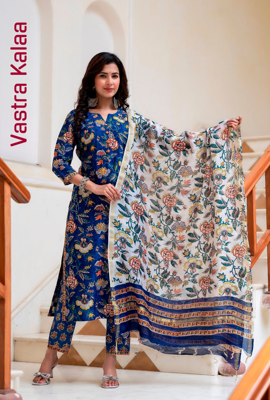 Poly Rayon Dark Blue With Floral Pattern Regular V-Neck Kurta Set