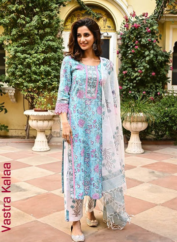 Poly Rayon Sky Blue With Pink Floral Printed Regular Round Neck Kurta