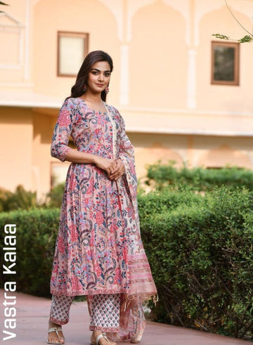 Poly Rayon Pink & White Floral Printed Regular Round Neck Kurta