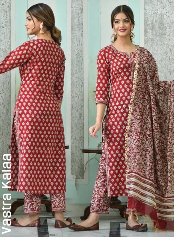 Poly Rayon Red Color with White Dots Regular Round Neck Kurta