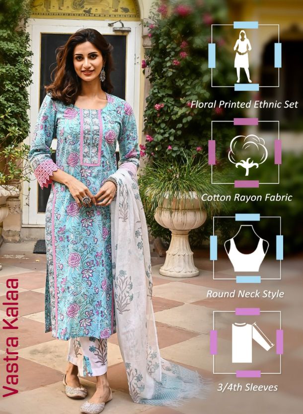 Poly Rayon Sky Blue With Pink Floral Printed Regular Round Neck Kurta