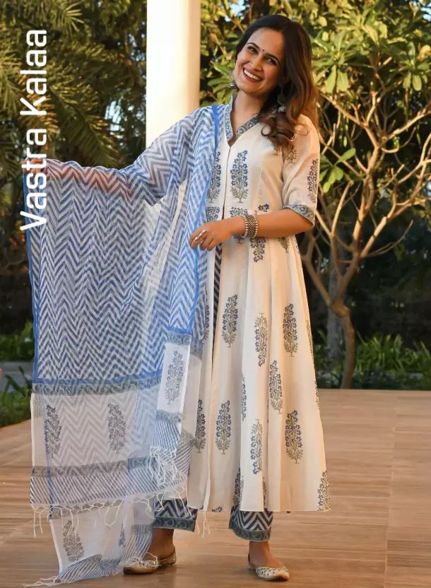 Poly Rayon White Color with Blue Floral Printed Dupatta Stylished Neck Kurta